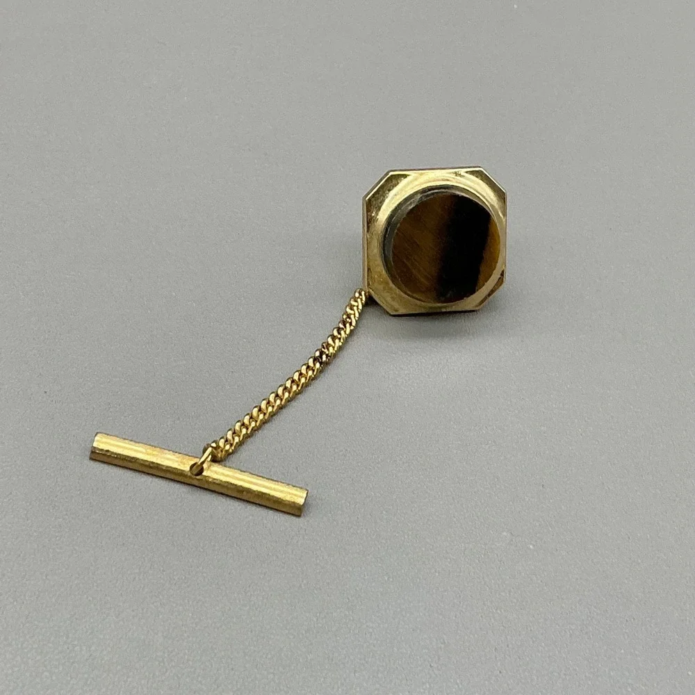 Vintage Gold Tone Tiger Eye Tie Tack Pin with Chain T-Bar Octagon Design Mens